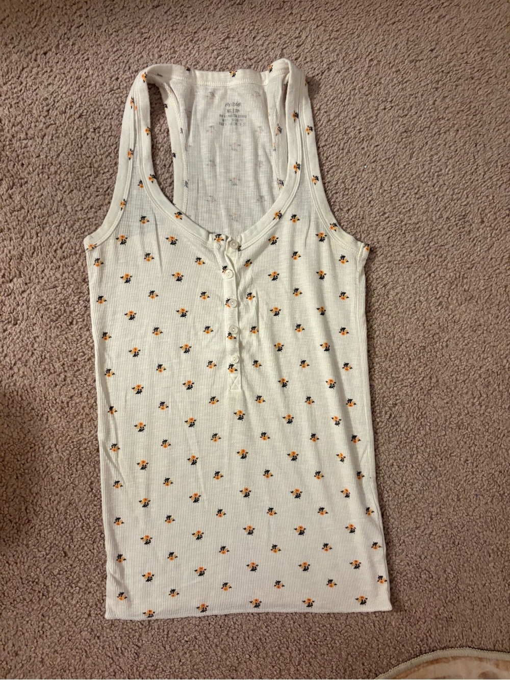 aerie White Ribbed Henley Tank with Orange Floral Print